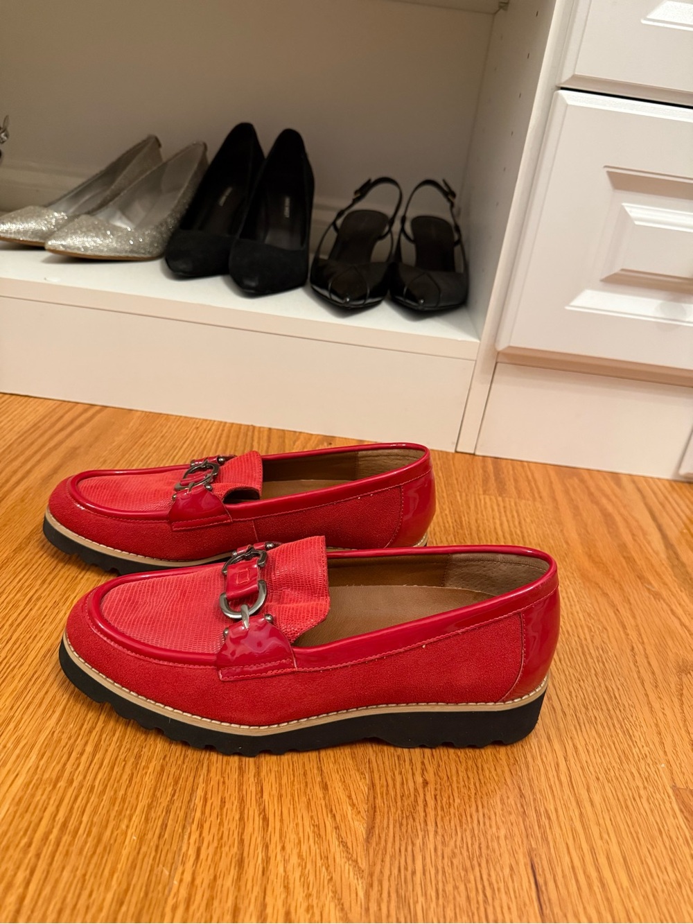 Women’s Red Loafers with Silver Buckle